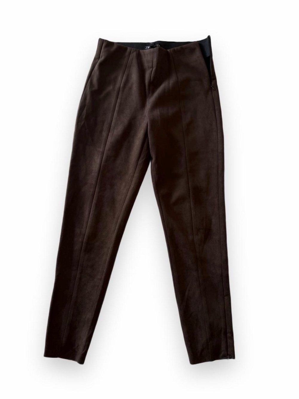 pair of Zara Women's Faux Suede Legging Pants in a dark chocolate brown shade